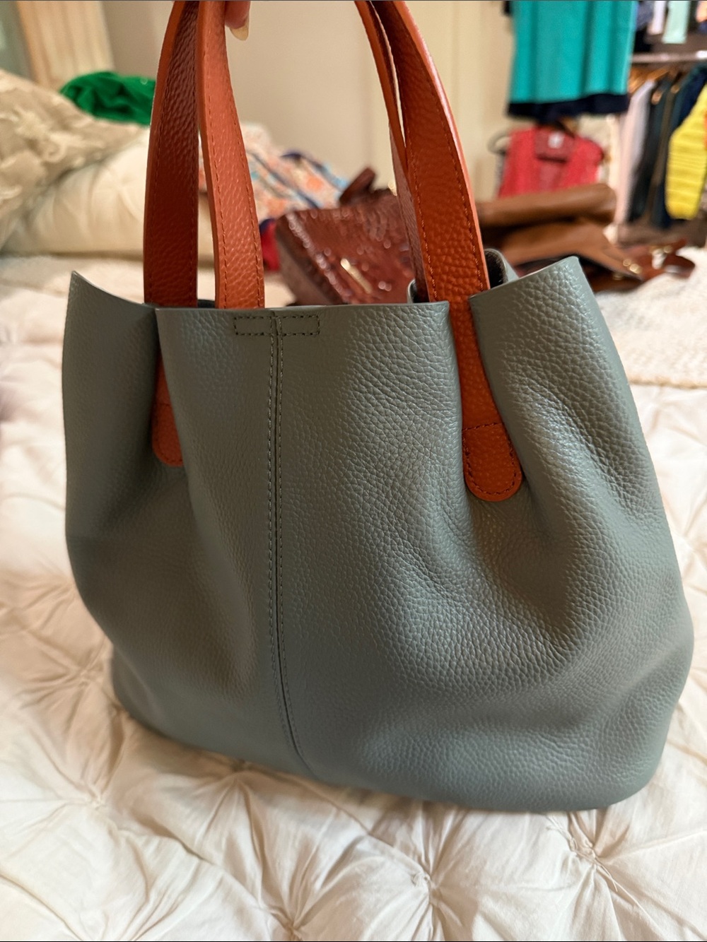 Everyday Pebbled Tote in Sage Green with Cognac Handles